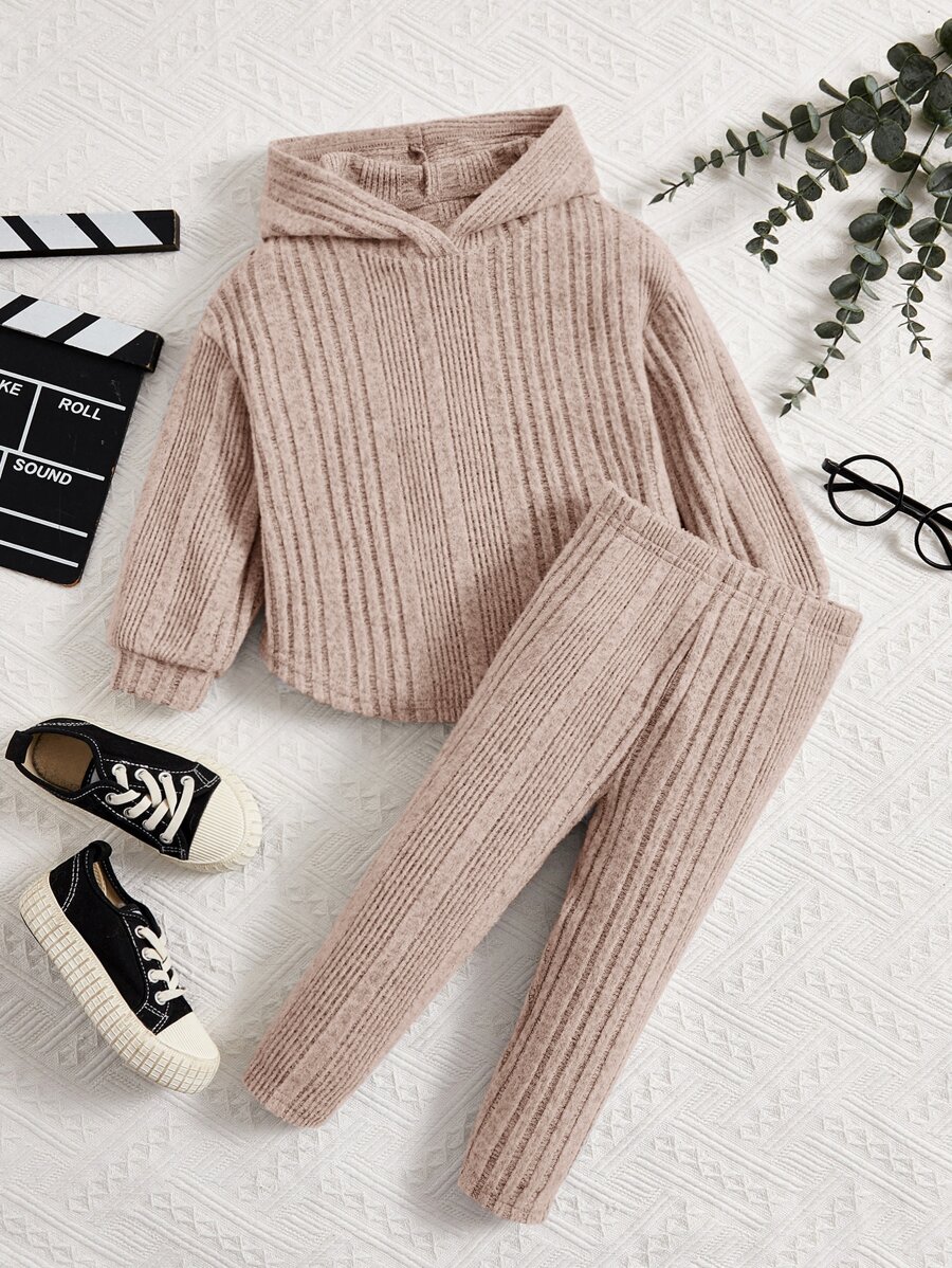 SHEIN Baby Girl Ribbed Knit Hooded Sweatshirt & Leggings - Khaki - View 1