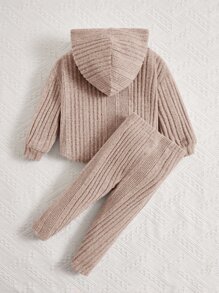 SHEIN Baby Girl Ribbed Knit Hooded Sweatshirt & Leggings - Khaki - View 2