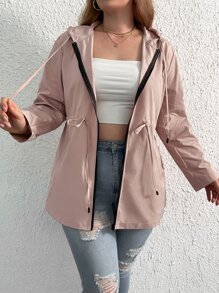 SHEIN LUNE Áo khoác cỡ lớn Dây kéo Túi màu trơn Giải trí - Bụi hồng - Xem 4