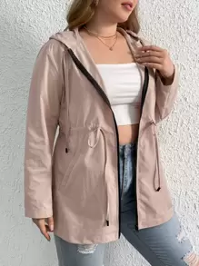 SHEIN LUNE Áo khoác cỡ lớn Dây kéo Túi màu trơn Giải trí - Bụi hồng - Xem 5