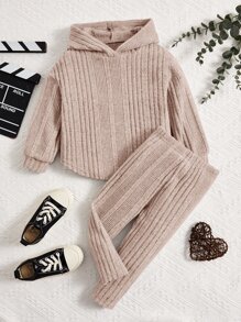 SHEIN Baby Girl Ribbed Knit Hooded Sweatshirt & Leggings - Khaki - View 5