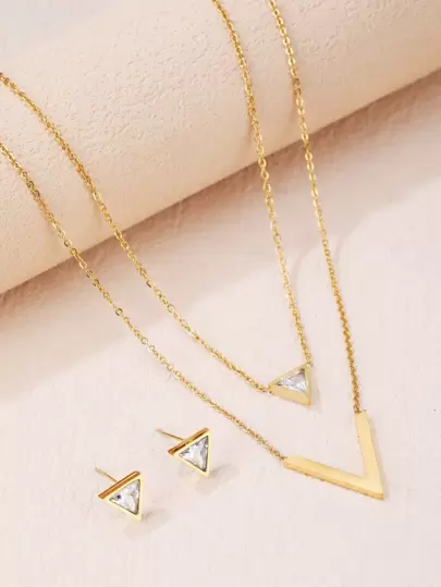 3 件套 V 形水钻 18K 镀金不锈钢双层项链和耳环，完美的生日、圣诞节、新年、约会、舞会珠宝套装，波西米亚风格，适合周年纪念、母亲节、约会、舞会、返校、婚礼、商务、度假和休闲场合