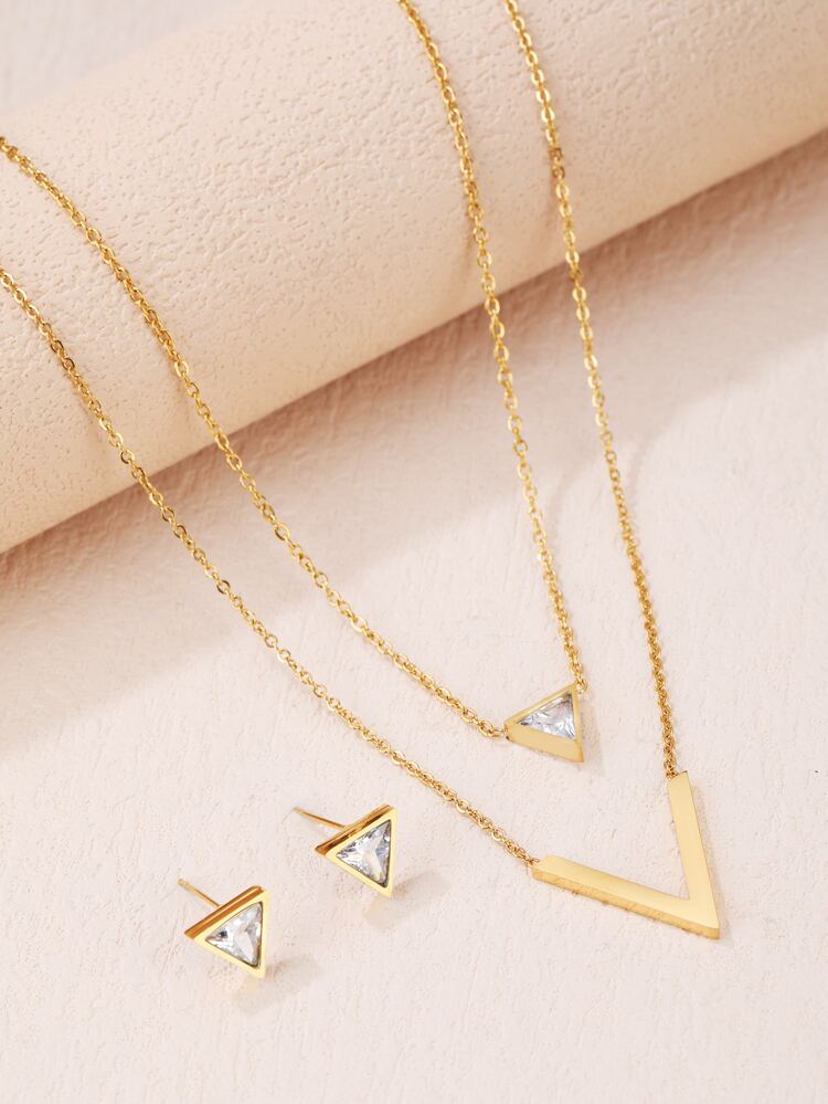 3pcs Set V-Shaped Rhinestone 18K Gold Plated Stainless Steel Double Layer Necklace & Earrings, Perfect Birthday, Christmas, New Year, Date, Dance Party Jewelry Set, Bohemian Style, Ideal For Anniversary, Mother's Day, Date, Dance, Back To School, Wedding, Business, Vacation And Casual Occasions