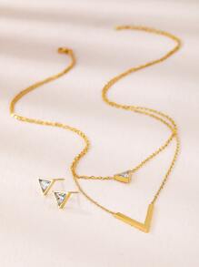 3pcs Set V-Shaped Rhinestone 18K Gold Plated Stainless Steel Double Layer Necklace & Earrings, Perfect Birthday, Christmas, New Year, Date, Dance Party Jewelry Set, Bohemian Style, Ideal For Anniversary, Mother's Day, Date, Dance, Back To School, Wedding, Business, Vacation And Casual Occasions - Yellow Gold - View 4