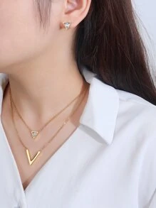 3pcs Set V-Shaped Rhinestone 18K Gold Plated Stainless Steel Double Layer Necklace & Earrings, Perfect Birthday, Christmas, New Year, Date, Dance Party Jewelry Set, Bohemian Style, Ideal For Anniversary, Mother's Day, Date, Dance, Back To School, Wedding, Business, Vacation And Casual Occasions - Yellow Gold - View 3