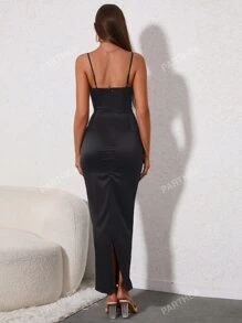 PARTHEA Boning Underwire Draped Collar Split Backless Satin Cami Dress