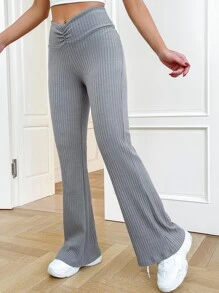 SHEIN EZwear Pantalones acampanados tejido de canalé fruncido - Gris - Ver 3
