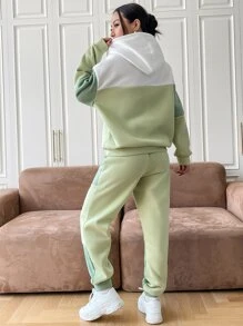 SHEIN EZwear Colour Block Drop Shoulder Drawstring Hoodie & Joggers - Mint Green - View 2