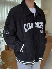 DAZY Men Letter Embroidery Striped Trim Corduroy Jacket - Black - View 3