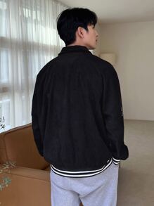 DAZY Men Letter Embroidery Striped Trim Corduroy Jacket - Black - View 2