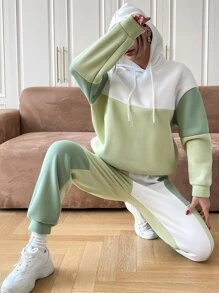 SHEIN EZwear Colour Block Drop Shoulder Drawstring Hoodie & Joggers - Mint Green - View 4