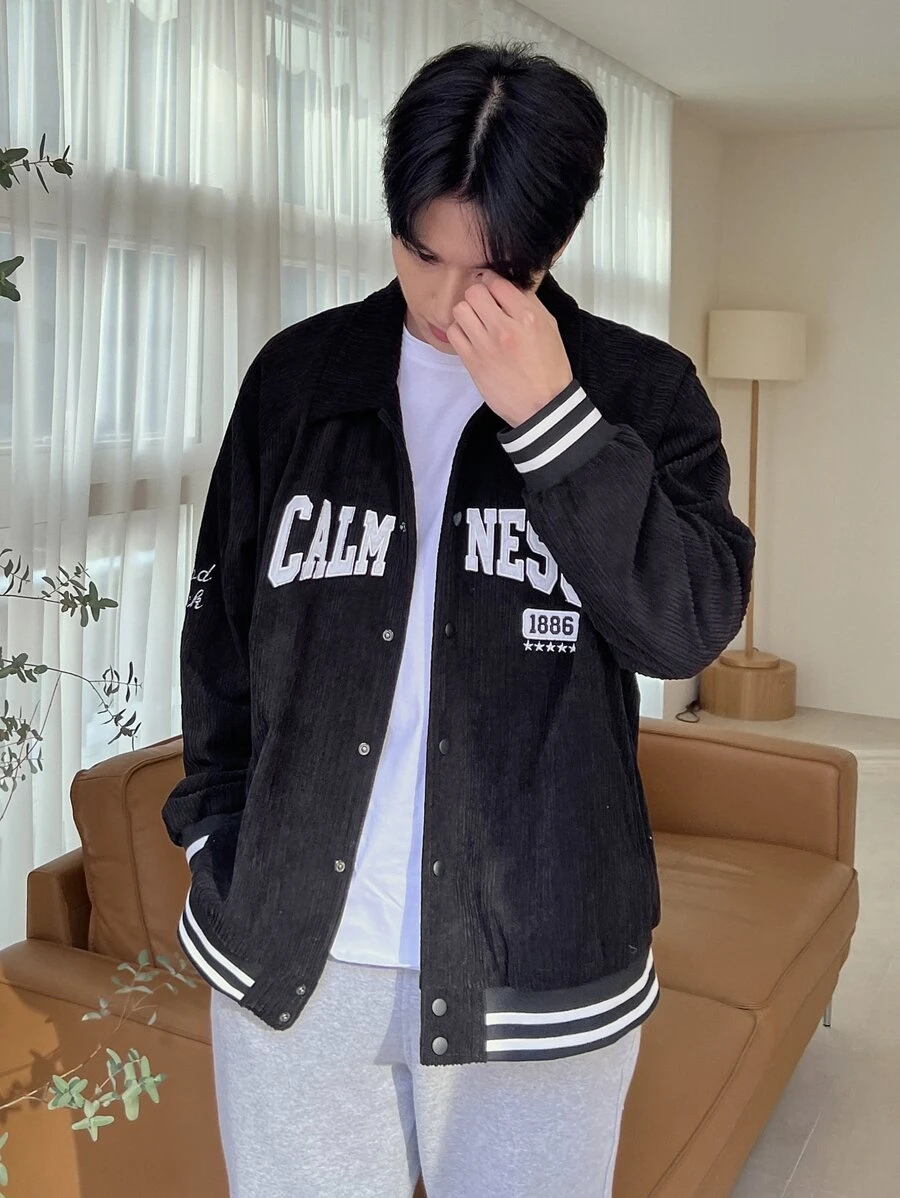 DAZY Men Letter Embroidery Striped Trim Corduroy Jacket - Black - View 1
