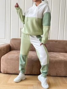 SHEIN EZwear Colour Block Drop Shoulder Drawstring Hoodie & Joggers - Mint Green - View 5