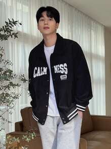 DAZY Men Letter Embroidery Striped Trim Corduroy Jacket - Black - View 4