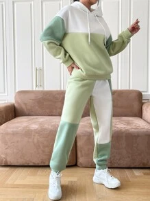 SHEIN EZwear Colour Block Drop Shoulder Drawstring Hoodie & Joggers - Mint Green - View 6