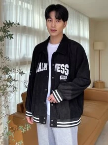 DAZY Men Letter Embroidery Striped Trim Corduroy Jacket - Black - View 5
