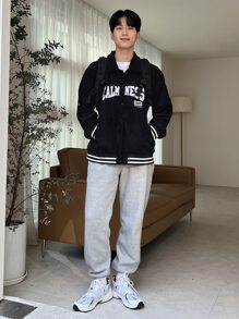 DAZY Men Letter Embroidery Striped Trim Corduroy Jacket - Black - View 6