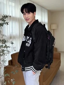 DAZY Men Letter Embroidery Striped Trim Corduroy Jacket - Black - View 7