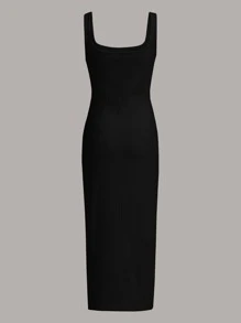 SHEIN MOD Women's Solid Color Square Neck Ribbed Long Tank Dress, Casual,Summer Dresses For Women