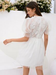 GENKIRA Floral Embroidery Mesh Overlay Puff Sleeve Dress - White - View 1