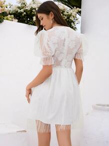 GENKIRA Floral Embroidery Mesh Overlay Puff Sleeve Dress - White - View 2