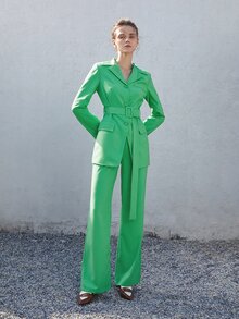Áo khoác  âu phục nữ Thắt lưng Túi Nút phía trước màu trơn Thanh lịch - màu xanh lá - Xem 3