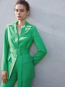 Áo khoác  âu phục nữ Thắt lưng Túi Nút phía trước màu trơn Thanh lịch - màu xanh lá - Xem 4