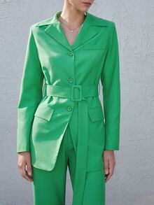 Áo khoác  âu phục nữ Thắt lưng Túi Nút phía trước màu trơn Thanh lịch - màu xanh lá - Xem 5