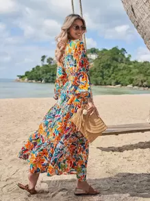 SHEIN VCAY 印花燈籠袖連衣裙不附腰帶 - 彩色 - 查看 2