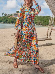 SHEIN VCAY 印花燈籠袖連衣裙不附腰帶 - 彩色 - 查看 3