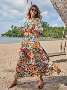 SHEIN VCAY 印花燈籠袖連衣裙不附腰帶 - 彩色 - 查看 4