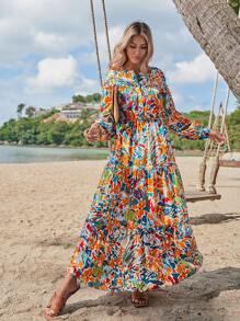 SHEIN VCAY 印花燈籠袖連衣裙不附腰帶 - 彩色 - 查看 5