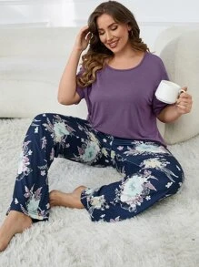 Plus Floral Print PJ Set - Multicolor - View 1
