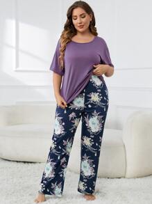 Plus Floral Print PJ Set - Multicolor - View 3