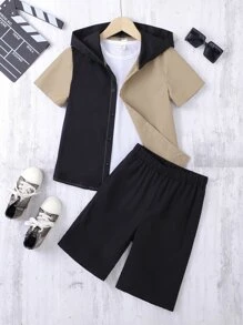 Boys Colourblock Hooded Shirt & Shorts Without Tee - Multicolor - View 1