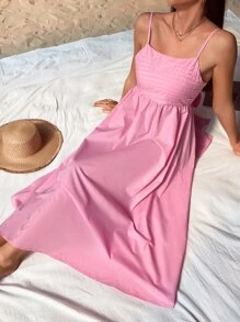 SHEIN VCAY Vestido de tirantes unicolor pecho con fruncido con lazo trasero - Rosa - Ver 3