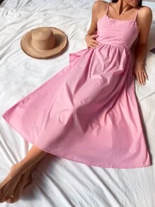 SHEIN VCAY Vestido de tirantes unicolor pecho con fruncido con lazo trasero - Rosa - Ver 4
