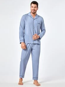 Men Contrast Piping PJ Set - Baby Blue - View 1