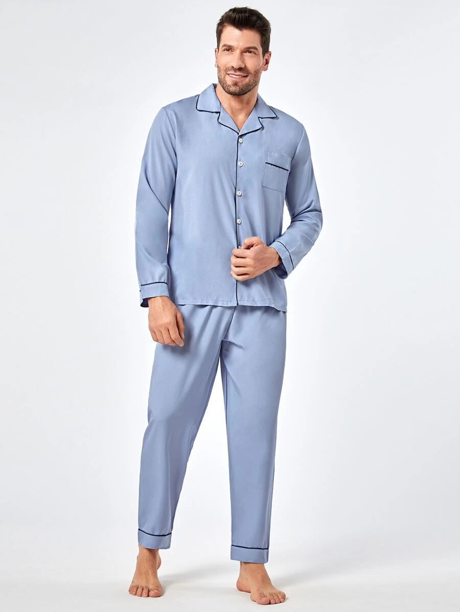 Men Contrast Piping PJ Set - Baby Blue - View 1