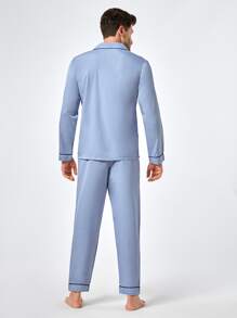 Men Contrast Piping PJ Set - Baby Blue - View 2
