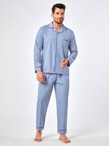 Men Contrast Piping PJ Set - Baby Blue - View 3