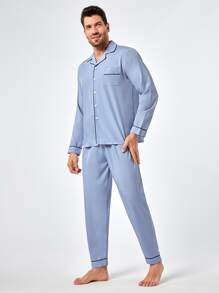Men Contrast Piping PJ Set - Baby Blue - View 4