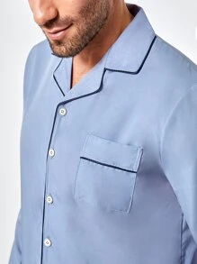 Men Contrast Piping PJ Set - Baby Blue - View 5