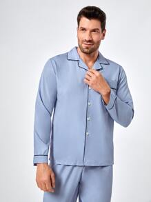 Men Contrast Piping PJ Set - Baby Blue - View 6
