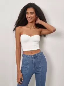 SHEIN BASICS Solid Rib-Knit Crop Tube Top For Summer - White - View 1