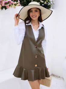 SHEIN Essnce Button Front Ruffle Hem PU Pinafore Dress Without Shirt - Army Green - View 1