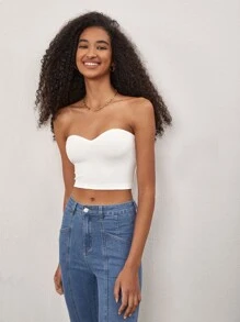 SHEIN BASICS Solid Rib-Knit Crop Tube Top For Summer - White - View 4