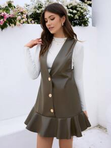 SHEIN Essnce Button Front Ruffle Hem PU Pinafore Dress Without Shirt - Army Green - View 3