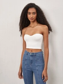 SHEIN BASICS Solid Rib-Knit Crop Tube Top For Summer - White - View 6