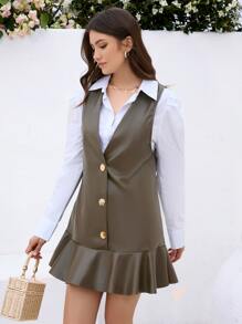 SHEIN Essnce Button Front Ruffle Hem PU Pinafore Dress Without Shirt - Army Green - View 4